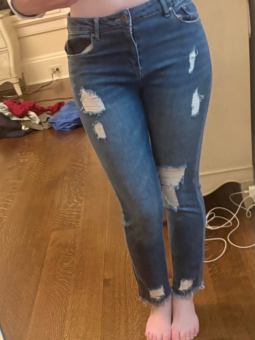Ultra flattering Mid-Rise Distressed Blue Skinny Jeans